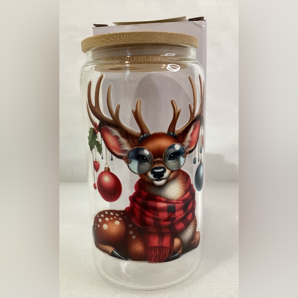 Christmas Glass Tumbler w Woden Lid 16oz New w Original Box